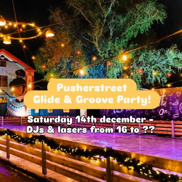 Pusherstreet Glide & Groove Party! Saturday 14th december from 16-?? DJ’s, ice skating, lazershow, oysters, gløgg and hygge!